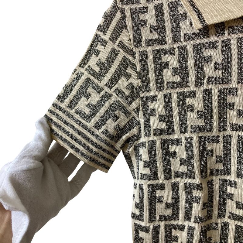 Fendi Zucca Pattern Short Sleeve Knit Polo Shirt Ivory Gray Women's Used