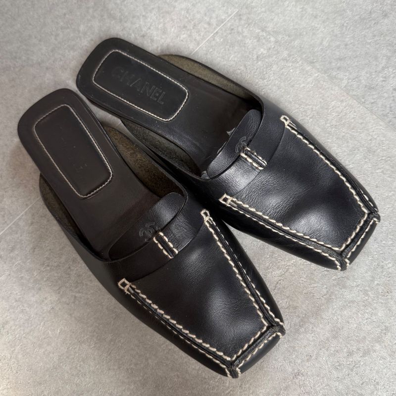 Chanel Coco Mark Leather Stitching Slip-on Sandals Black 34 1 2 21.5cm (8.46in)