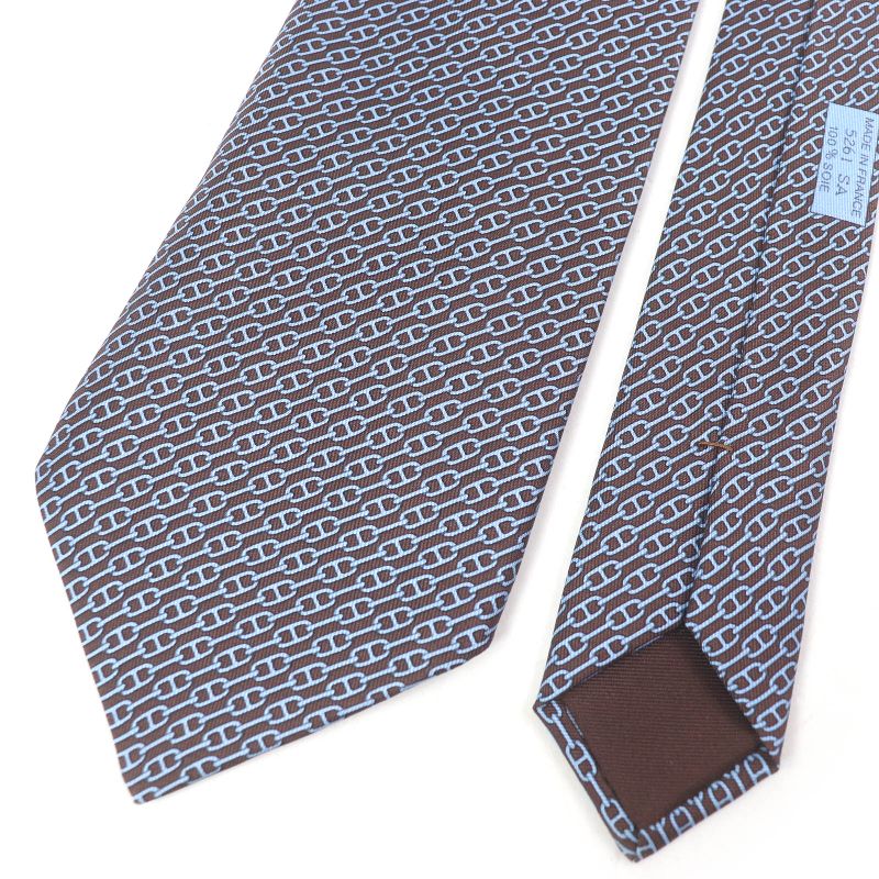 Hermes 5261 SA 100% Silk Chaine Chain All Over Pattern Cravat Wide Tie Marron