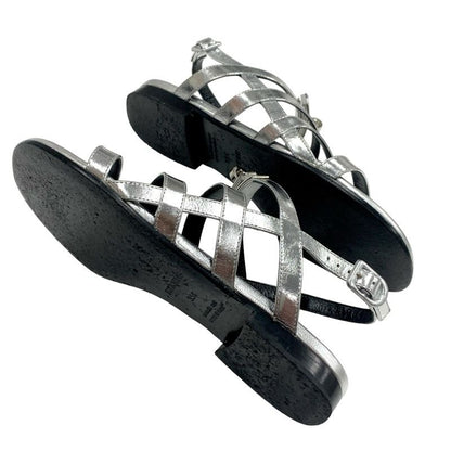 Hermes Transat Sandals Shoes Leather Silver Flat Sandals Kelly Hardware