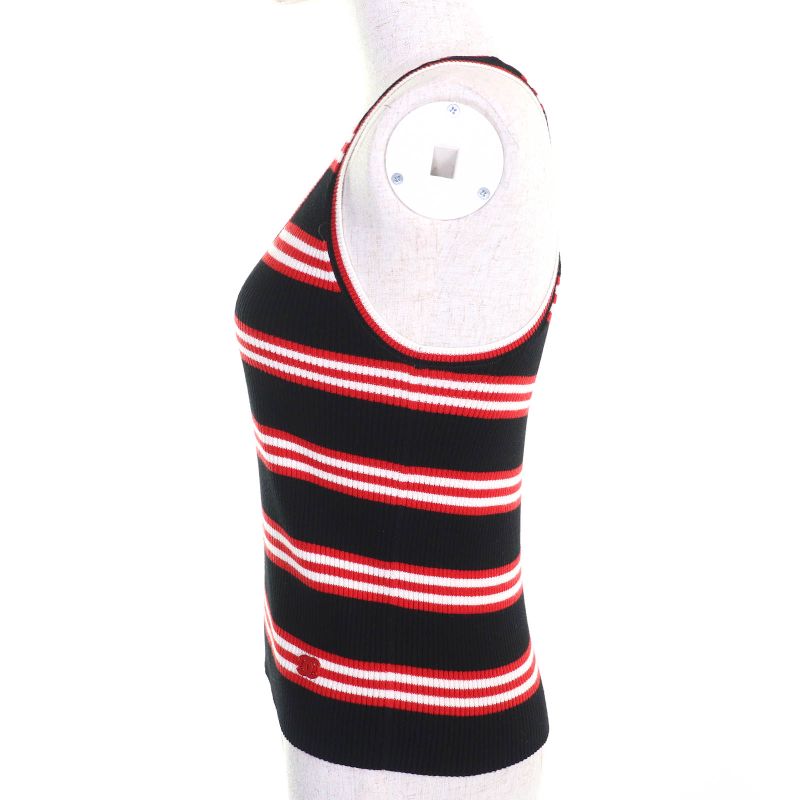 CHANEL P77660 Cotton Cashmere Coco Mark Part Striped Ribbed Tank Top Sleeveless