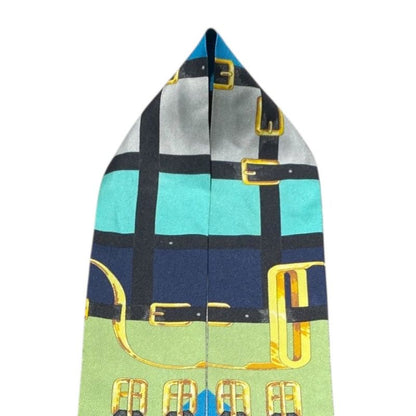 Em0662 Hermes Twilly Women's Silk Scarf Green Navy and Gold