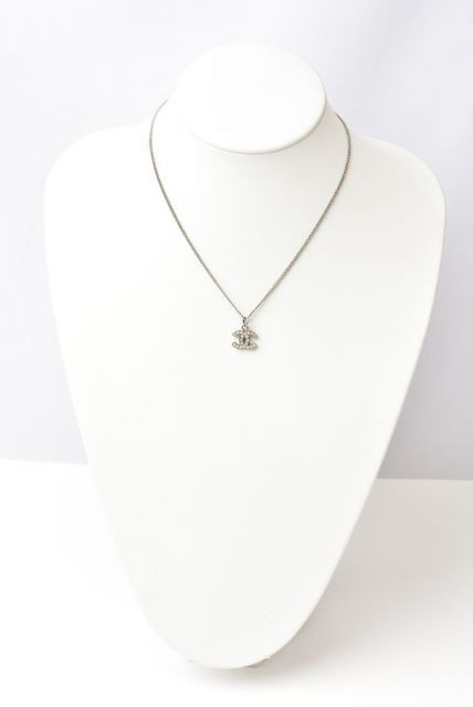Chanel Necklace Pendant Chanel Coco Mark CC Rhinestone Silver White