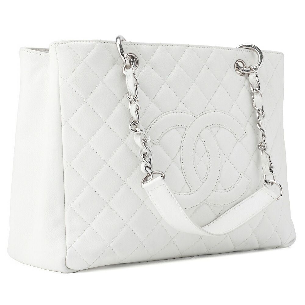 Chanel Shoulder Bag Matelasse Caviar Skin White Double Chain GST Silver