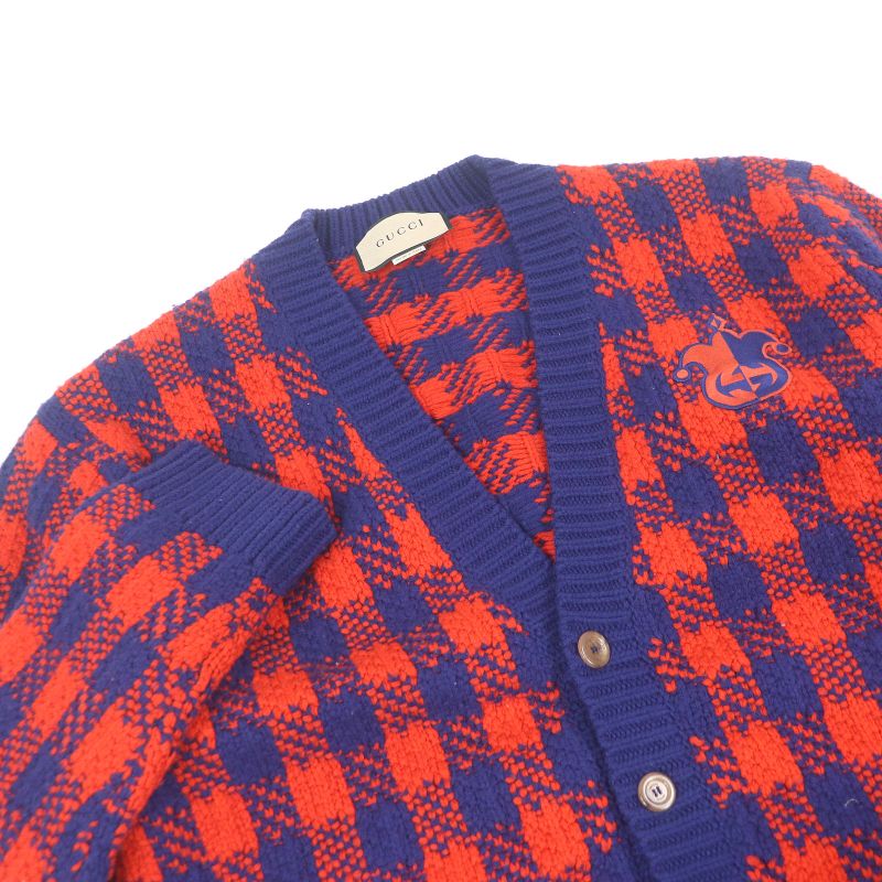 Gucci 23SS 711571 100% Wool Le Plaid Long Sleeve Knit Cardigan Orange Blue L
