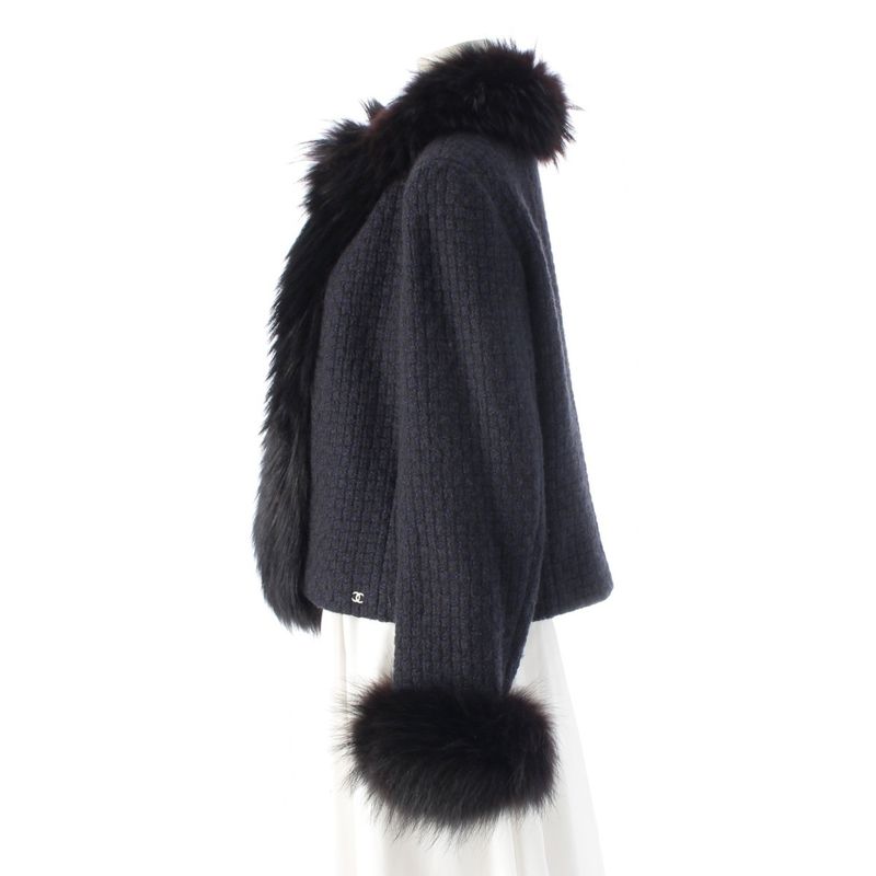 Chanel 00A Wool Nylon Fox Fur Collarless Jacket Outerwear P16217 Navy 44
