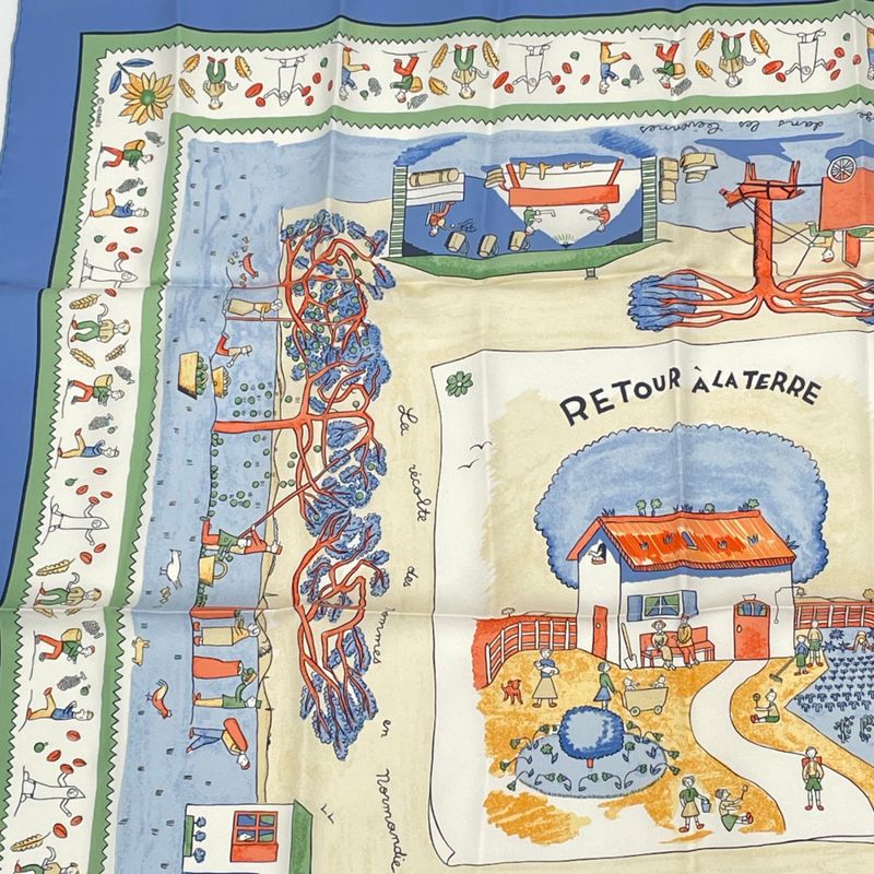 Hermes Carre 90 RE TOUR A LA Terre Back Home 100% Silk Scarf Blue