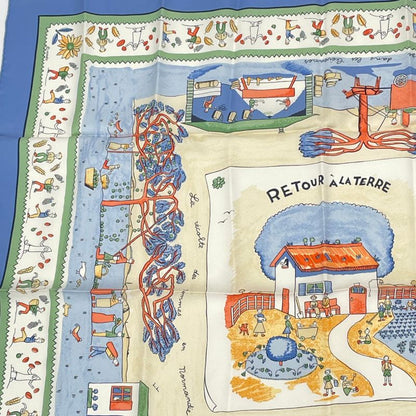 Hermes Carre 90 RE TOUR A LA Terre Back Home 100% Silk Scarf Blue