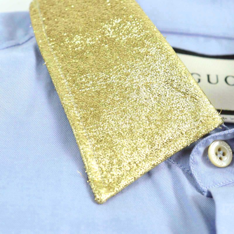 Gucci 521946 100% Cotton Logo Button Collar Silk Long Sleeves Blue Gold 41/16