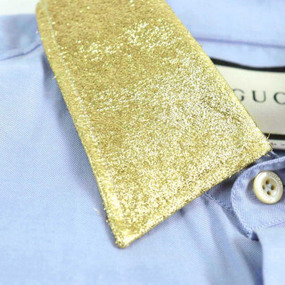 Gucci 521946 100% Cotton Logo Button Collar Silk Long Sleeves Blue Gold 41/16