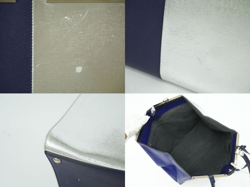 Authentic Fendi Trois Jour Bicolor Tote Handbag PVC Leather Navy Silver 8bh272