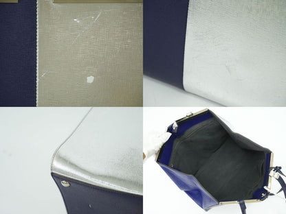 Authentic Fendi Trois Jour Bicolor Tote Handbag PVC Leather Navy Silver 8bh272