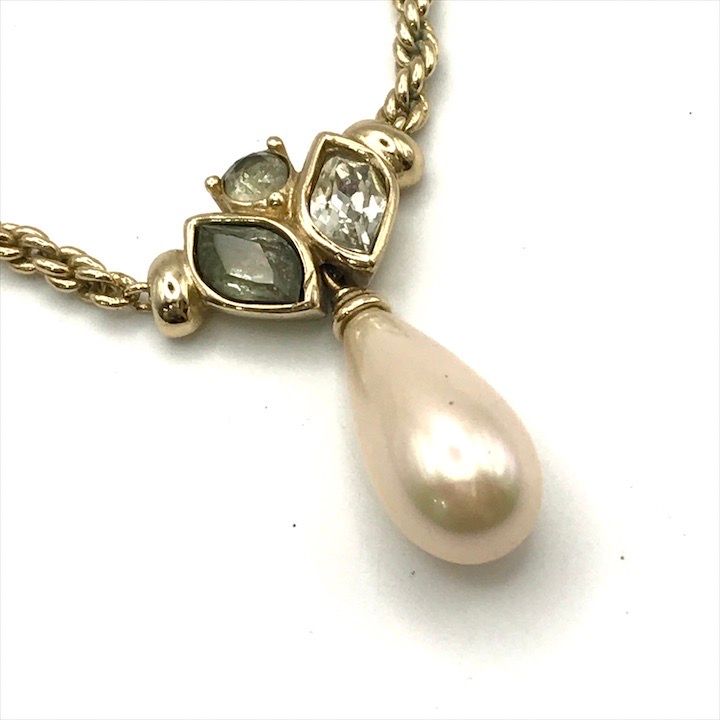 Dior Color Stone Faux Pearl Chain Necklace Gold