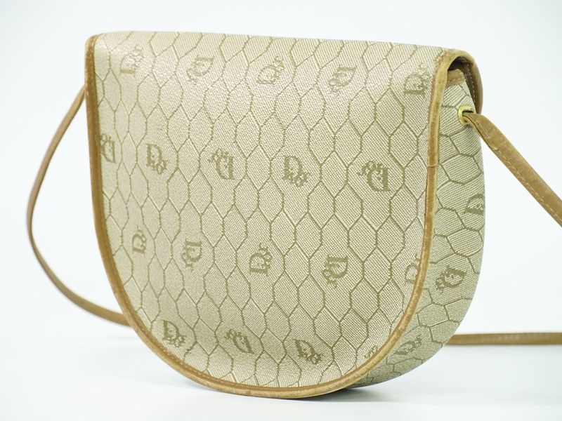 Authentic Christian DIOR Honeycomb Pattern Shoulder Bag Pochette PVC Beige Bag