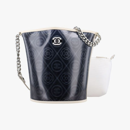 Chanel Coco Mark Camellia Vinyl Basket Black And White PVC Coated Canvas A57637