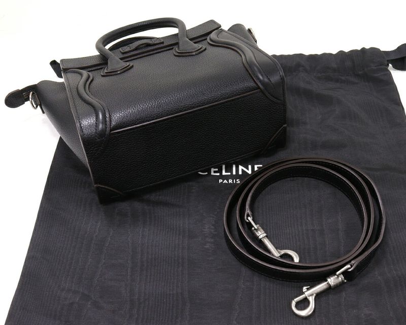 Celine Hand Tote Shoulder Bag Luggage Nano Shopper Drummed Calfskin Black 2WAY