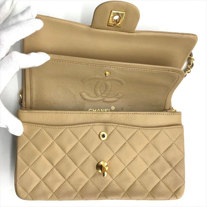 Chanel CC Logo Quilted Double Flap Chain Lambskin Shoulder Bag Beige