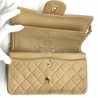 Chanel CC Logo Quilted Double Flap Chain Lambskin Shoulder Bag Beige