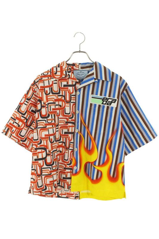 Prada Ucs319 S182 1R7Y Double Match Flame Stripe Short Sleeve Shirt Men's S