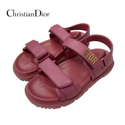 Christian Dioract Sandals Shoes Leather Pink Gold Unused Velcro Strap Logo