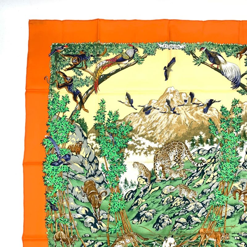 Hermes Carre 90 Sichuan Orange And Multicolor Silk Scarf