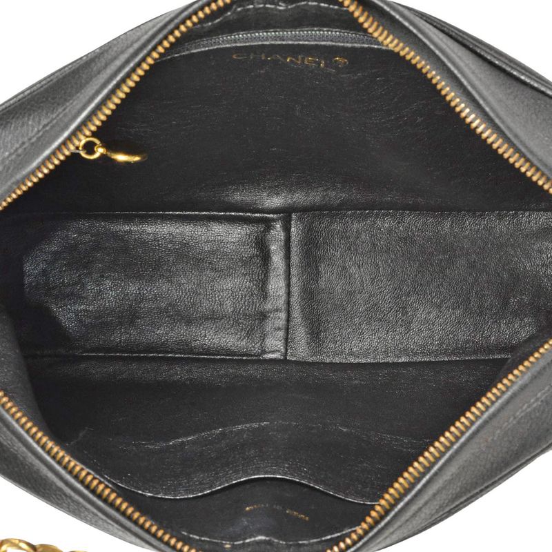 Chanel Shoulder Bag Caviar Skin Black Gold Hardware Vintage Women
