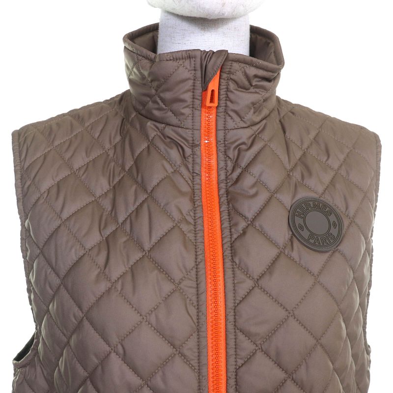 Hermes 24SS 4e0267dr Logo Rubber Patch Zip Up Quilted Vest Brown Orange 36 Made