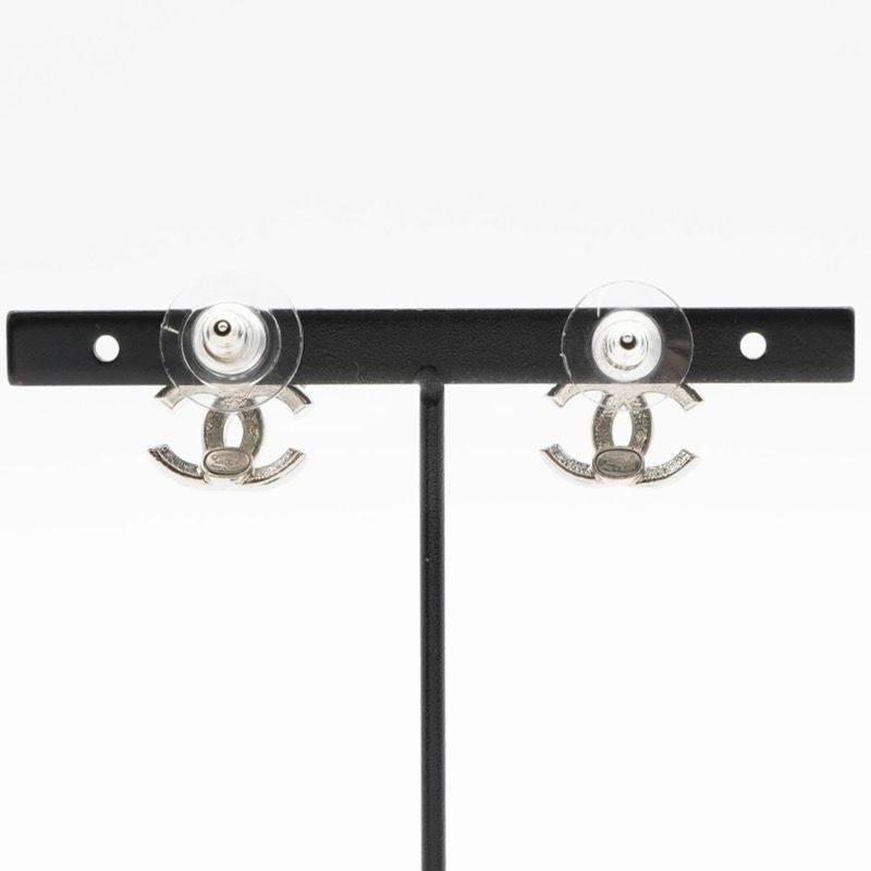 Chanel Earrings Earring Silver Coco Mark Ribbon Rhinestone