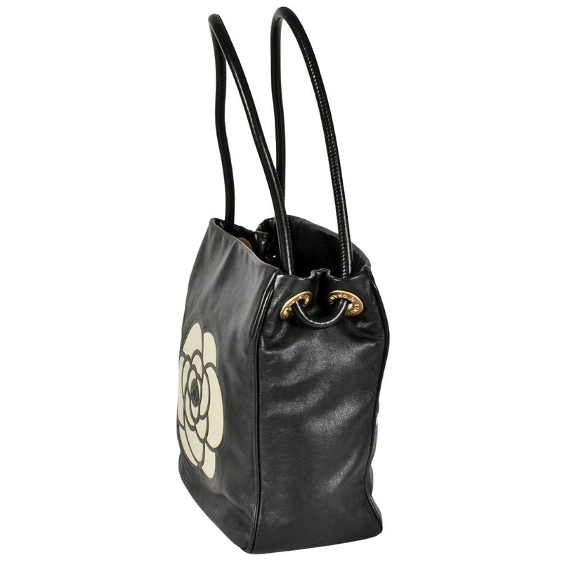 Chanel Camellia Tote Bag Lambskin Black White Logo