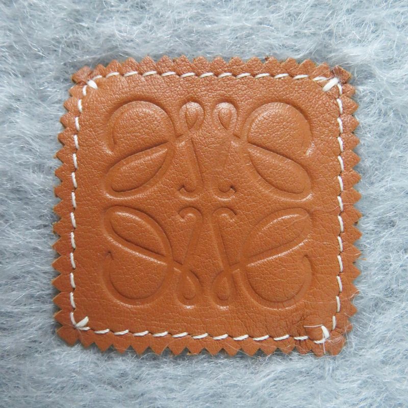 LOEWE Mohair Wool Anagram Leather Patch Fringed Scarf Gray Made In Spain