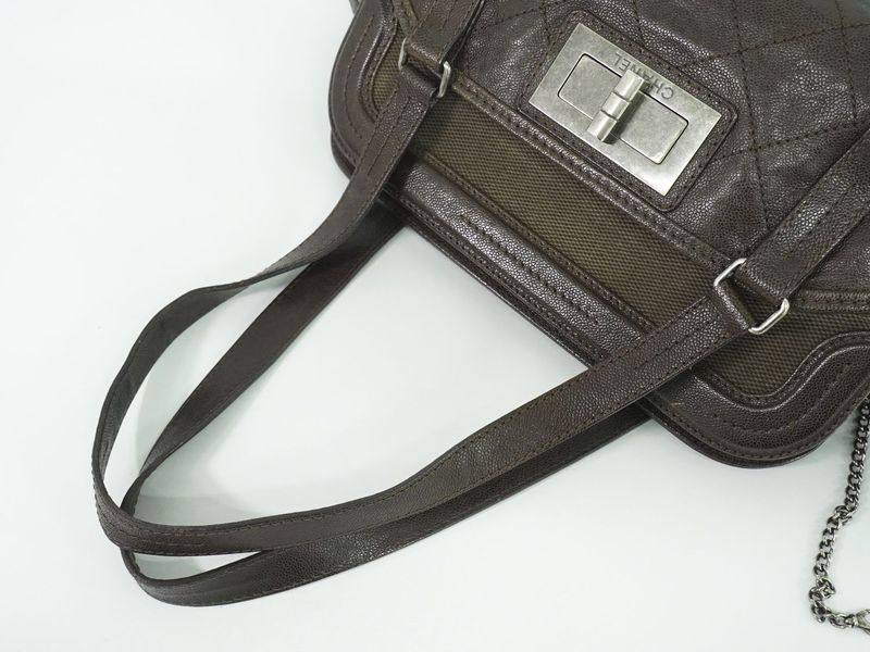 Authentic Chanel Caviar Skin Leather Canvas Shoulder Bag Tote Bag Brown Bag