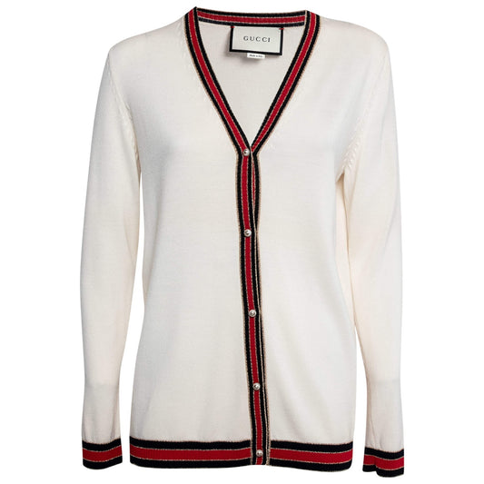 Gucci Ivory Cream Web Stripe Trimmed Buttons Wool Cardigan Sweater S