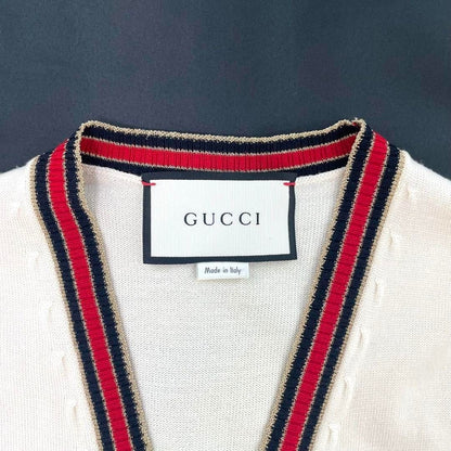 Gucci Ivory Cream Web Stripe Trimmed Buttons Wool Cardigan Sweater S