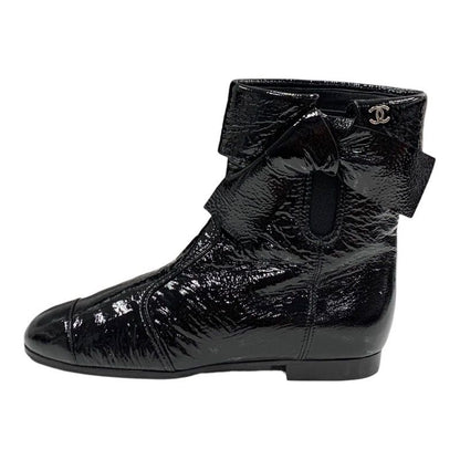 Chanel Boots Short Boots Shoes Patent Black Here Mark Wrinkled Side Gore Ribbon