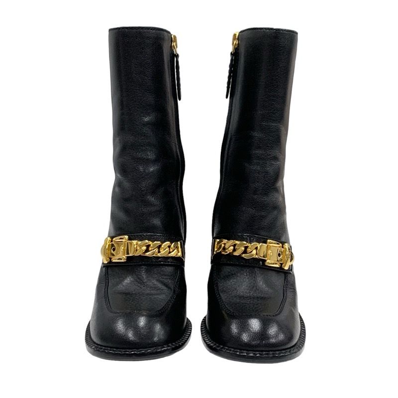 Gucci Boots Short Boots Shoes Leather Black Gold Chain Belt