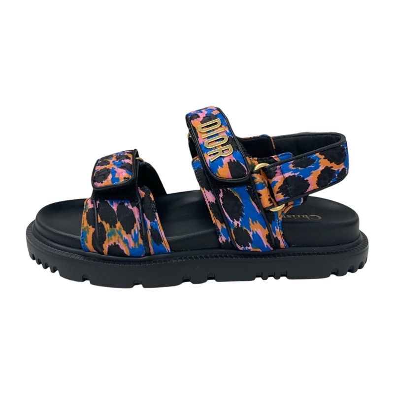 Christian Dioract Sandals Shoes Leather Black Multicolor Logo Velcro Strap