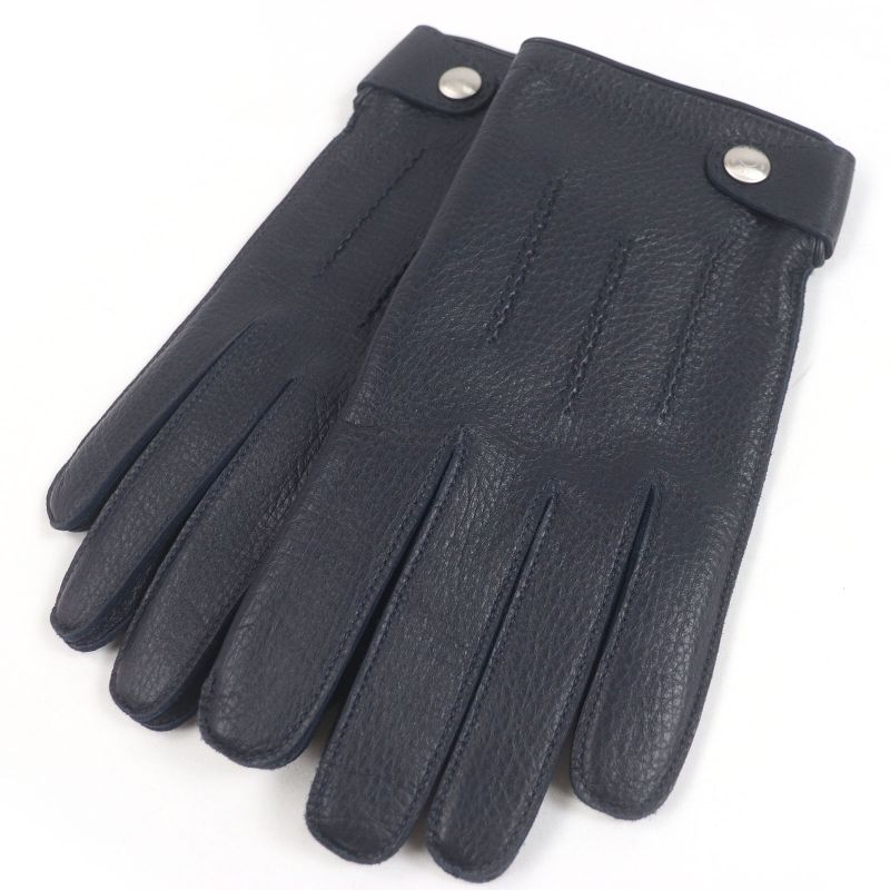 Hermes Deerskin 100% Silk Lining Serie Button Leather Gloves Gloves Navy 8.5