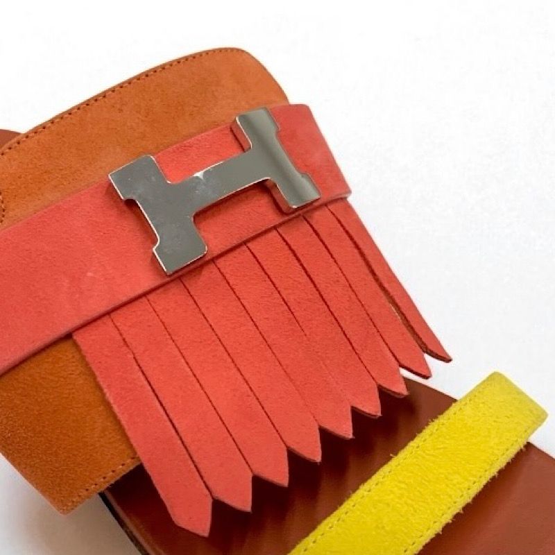 Hermes Coralia Sandals Shoes Suede Red Orange Yellow Flat Mule Hhardware Fringe