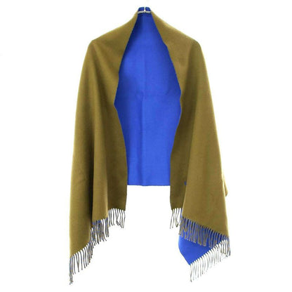 Hermes Logo Embroidery Bicolor Cashmere Fringe Scarf Blue Brown
