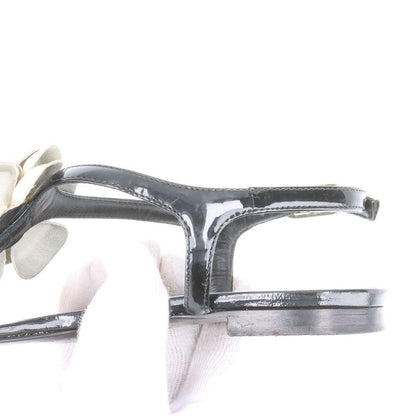 Chanel Coco Mark Camellia Patent Leather Sandals Women's 35C Black And Ivory