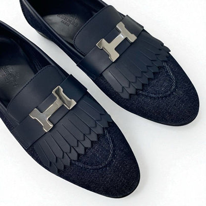 Hermes Royale Loafers Leather Shoes Denim Navy Silver Hhardware Fringe