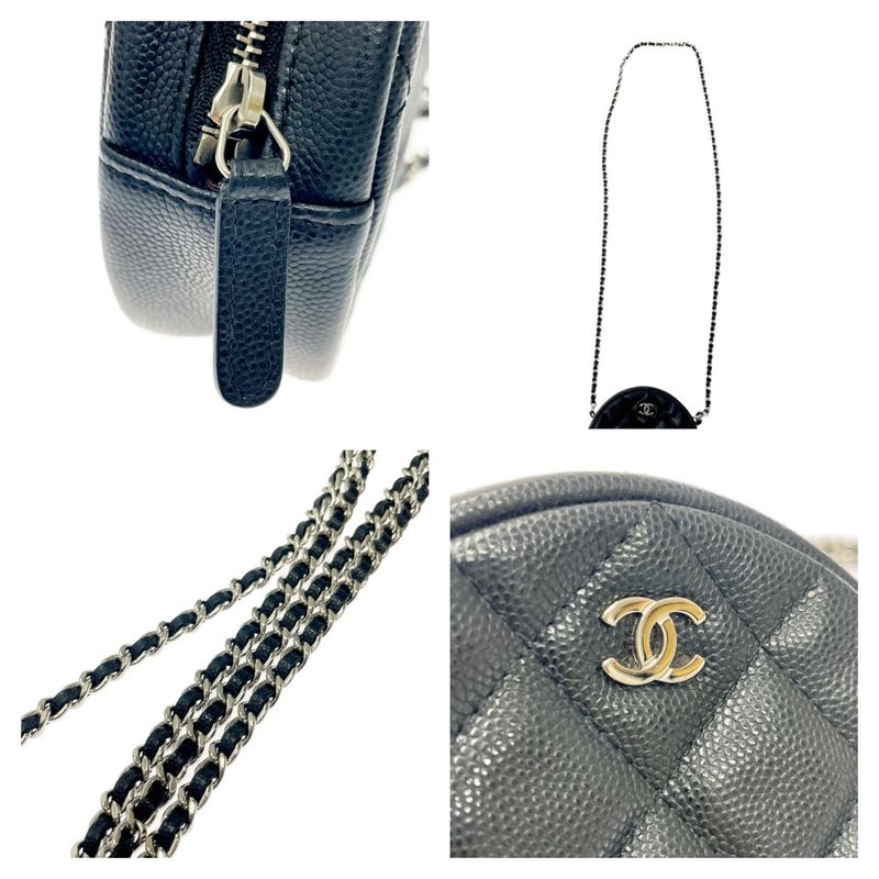 Chanel Matelasse Caviar Skin Coco Mark Round Chain Shoulder Bag Black 367857