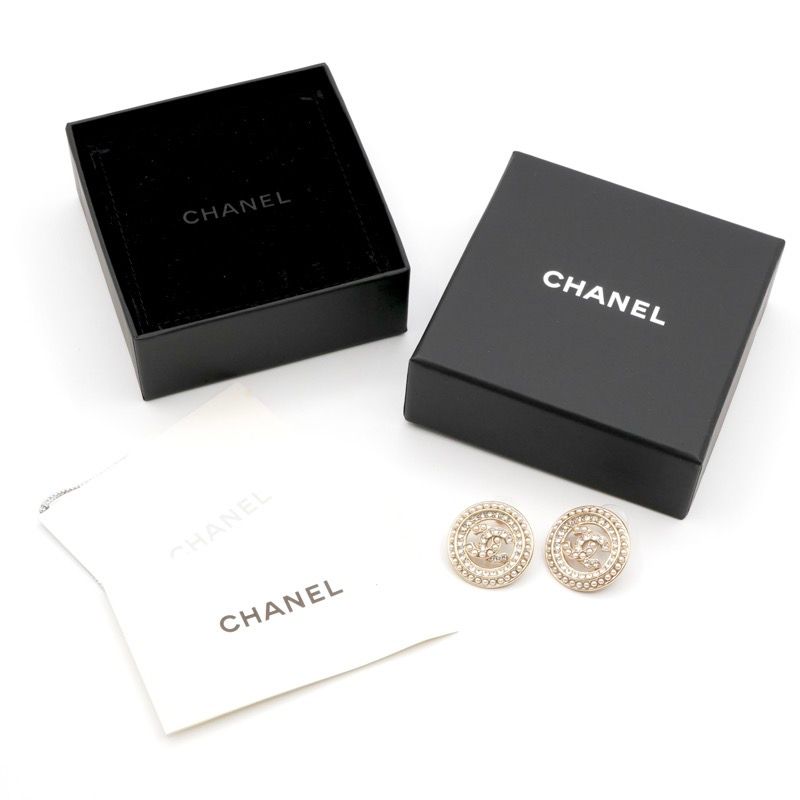 Chanel Earrings Earring Gold Coco Mark Round Rhinestone