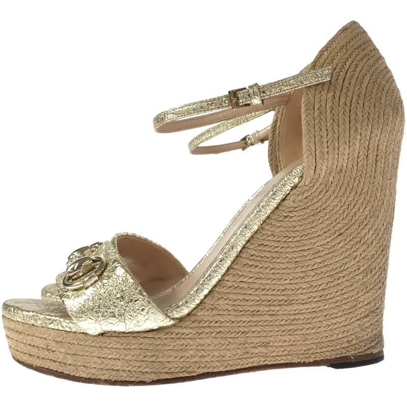 Gucci Wedge Sole Horsebit Sandals 414965 Gold 36 1 2
