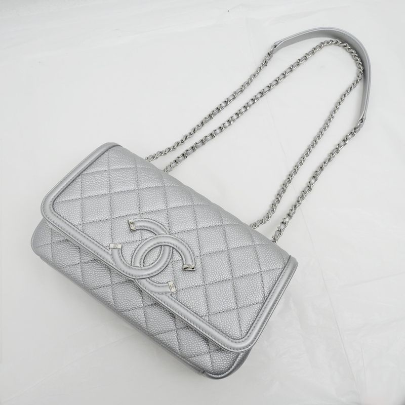 Chanel Small Chain Shoulder Bag Filigree Caviar Skin Silver Hardware