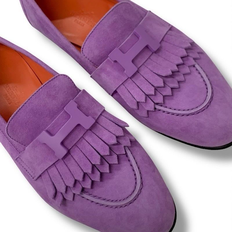 Hermes Royale Loafer Leather Shoes Suede Purple Moccasin Flat Hhardware