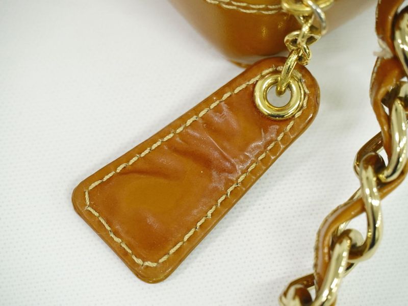 Authentic Chanel Coco Mark Chocolate Bar Chain Handbag Patent Leather Beige