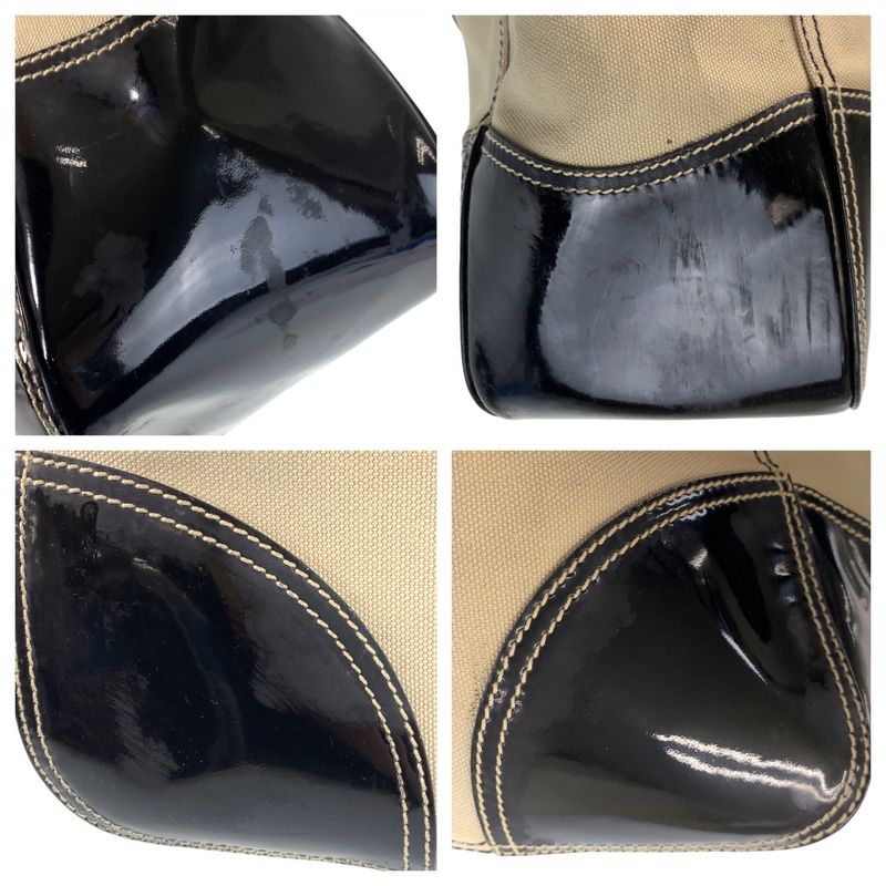 Prada Triangle Logo Plate Beige Black Silver Hardware Canvas/enamel Tote Bag