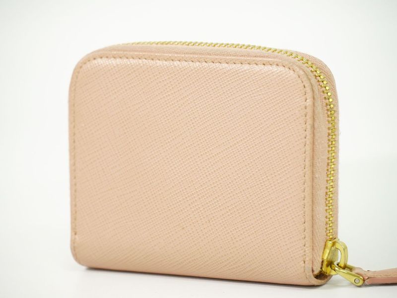Authentic Prada Leather Round Zipper Coin Case Coin Purse Pink Wallet Pre-owned