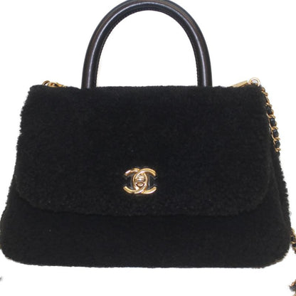 Chanel A92990 No 23 Black Coco Handle XS 24 Mouton Shearling Fur Chain Bag